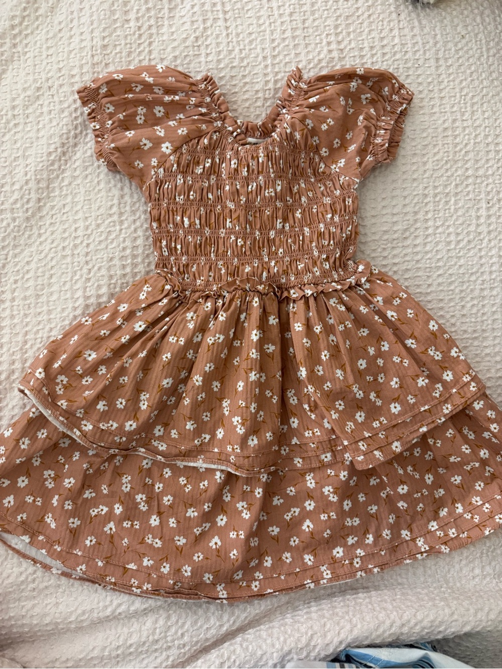 Rabbit Bear Girls' Tan Floral Smocked Tiered Dress 3T